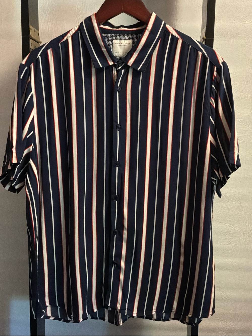 🌙✨ Denim & Flower Navy Short-Sleeve Button-Down with White and Red Stripes